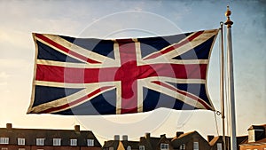 The British flag, the Union Jack, flies over the buildings