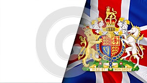 British flag waving in wind Full HD half white background. Realistic UK Flag background, 3d rendering. United Kingdom Flag Looping