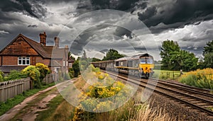 a British freight train with a yellow and grey livery, passing through a village on a railway track under a cloudy sky. photo