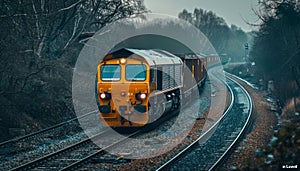 a British freight train with a yellow and grey livery, passing through a village on a railway track under a cloudy sky. photo