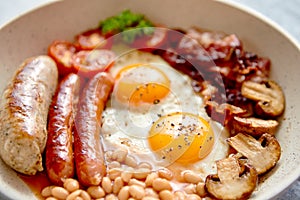 Traditional Full English Breakfast on frying pan.