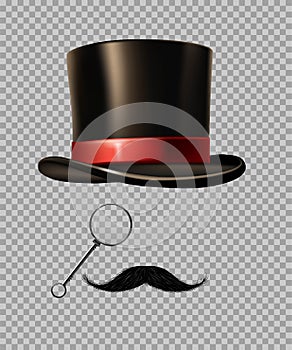 British gentleman vintage head elements set. Black tophat, glasses, moustache on transparent background. Realistic retro