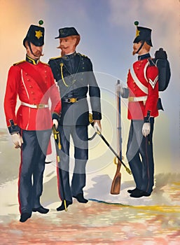 British infantry soldiers in 1850s. Illustration