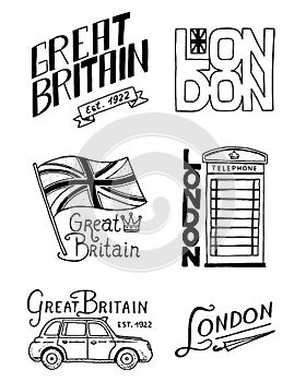 British logo, symbols, badges or stamps, emblems, architectural landmarks, flag of the United Kingdom. Country England