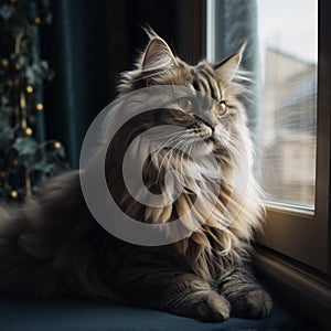 British Longhair Cat Sitting on Windowsill photo