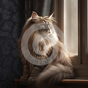 British Longhair Cat Sitting on Windowsill photo