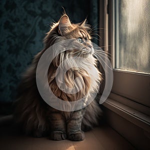 British Longhair Cat Sitting on Windowsill photo