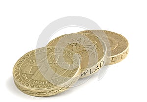 British one pound coins on a white