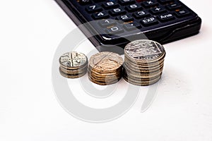 British pence coins and calculator, business and currency