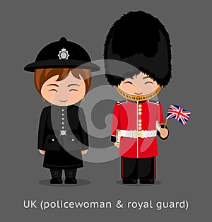 British people. Police woman and royal guard with a flag.