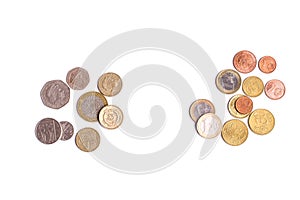British Pound coins and Euro coins on white background