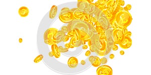 British pound coins falling. Scattered