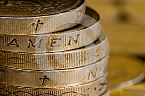 British pound coins spelling Amen