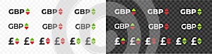 British Pound, GBP with up and down arrow currency exchange rate vector design. Foreign currencies and exchange rates value