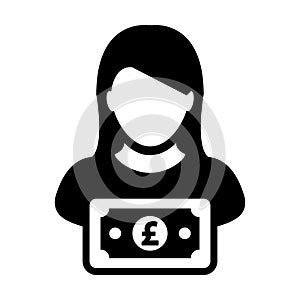 British Pound sign icon vector female user person profile avatar with currency symbol for banking and finance business
