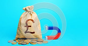 British pound sterling money bag and magnet. Raising funds and investments in business projects and startups. Accumulation