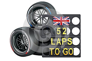 British racing, pit board with flag of the United Kingdom and racing wheels with different compounds type tyres. 3D rendering