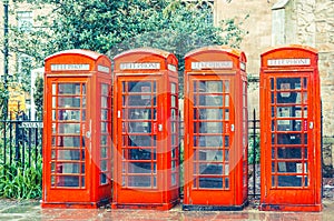 British red telephone boxes vintage filter applied