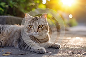 British short haired Cat Relaxing on a Sunny Cobblestone Path During Golden Hour. Generative AI
