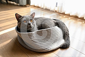 British shorthair cat, blue-gray color with orange eyes. Sitting and resting on a cat`s cushion in the morning, the light entered