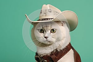 British Shorthair Cat Dressed As A Cowboy On Mint Color Background