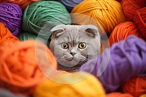 British Shorthair cat hiding in multicolored balls yarn balls. Little curious kitten looking at the camera