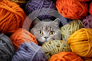 British Shorthair cat hiding in multicolored balls yarn balls. Little curious kitten looking at the camera
