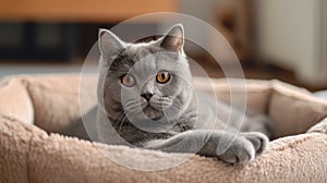 A British shorthair cat lies in her cat bed against the backdrop of the living room. The concept of choosing a pet