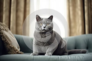 A British shorthair cat lies on a sofa indoors. Generative AI
