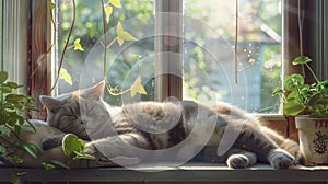 a British Shorthair cat lounging by a sun-drenched double-hung window, enjoying the warmth of the sun and the scenic