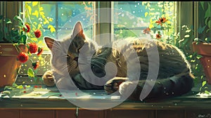 a British Shorthair cat lounging by a sun-drenched double-hung window, enjoying the warmth of the sun and the scenic