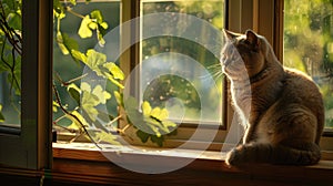 a British Shorthair cat lounging by a sun-drenched double-hung window, enjoying the warmth of the sun and the scenic