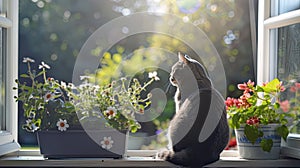 a British Shorthair cat lounging by a sun-drenched double-hung window, enjoying the warmth of the sun and the scenic