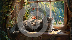 a British Shorthair cat lounging by a sun-drenched double-hung window, enjoying the warmth of the sun and the scenic