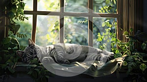 a British Shorthair cat lounging by a sun-drenched double-hung window, enjoying the warmth of the sun and the scenic