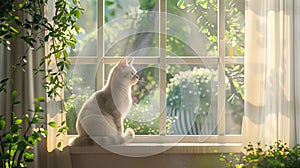 a British Shorthair cat lounging by a sun-drenched double-hung window, enjoying the warmth of the sun and the scenic