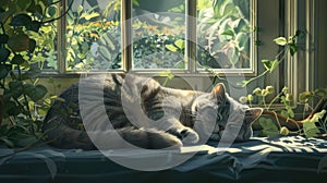 a British Shorthair cat lounging by a sun-drenched double-hung window, enjoying the warmth of the sun and the scenic
