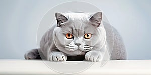 British Shorthair cat lying on white table