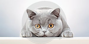 British Shorthair cat lying on white table