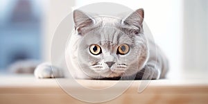 British Shorthair cat lying on white table