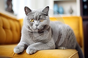 British shorthair cat is sitting on the couch .generative AI