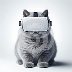 A British Shorthair cat sitting down wearing a virtual reality headset