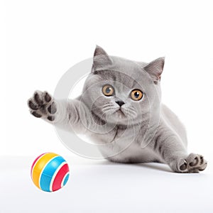 British shorthair cat sitting and playing ball, isolated on white background