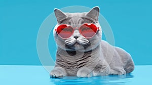 British Shorthair Cat With Sunglasses Blue Background. Generative AI