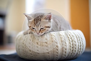 british shorthair kitten in a cushioned cat bed