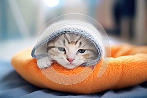 british shorthair kitten in a cushioned cat bed