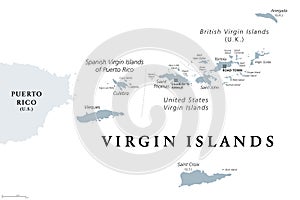 British, Spanish and U.S. Virgin Islands, gray political map