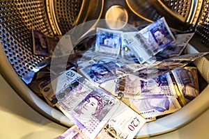 British Sterling Pounds Notes In Washing Machine. Money Laundering Concept