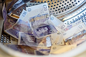 British Sterling Pounds Notes In Washing Machine. Money Laundering Concept