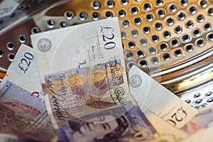 British Sterling Pounds Notes In Washing Machine. Money Laundering Concept